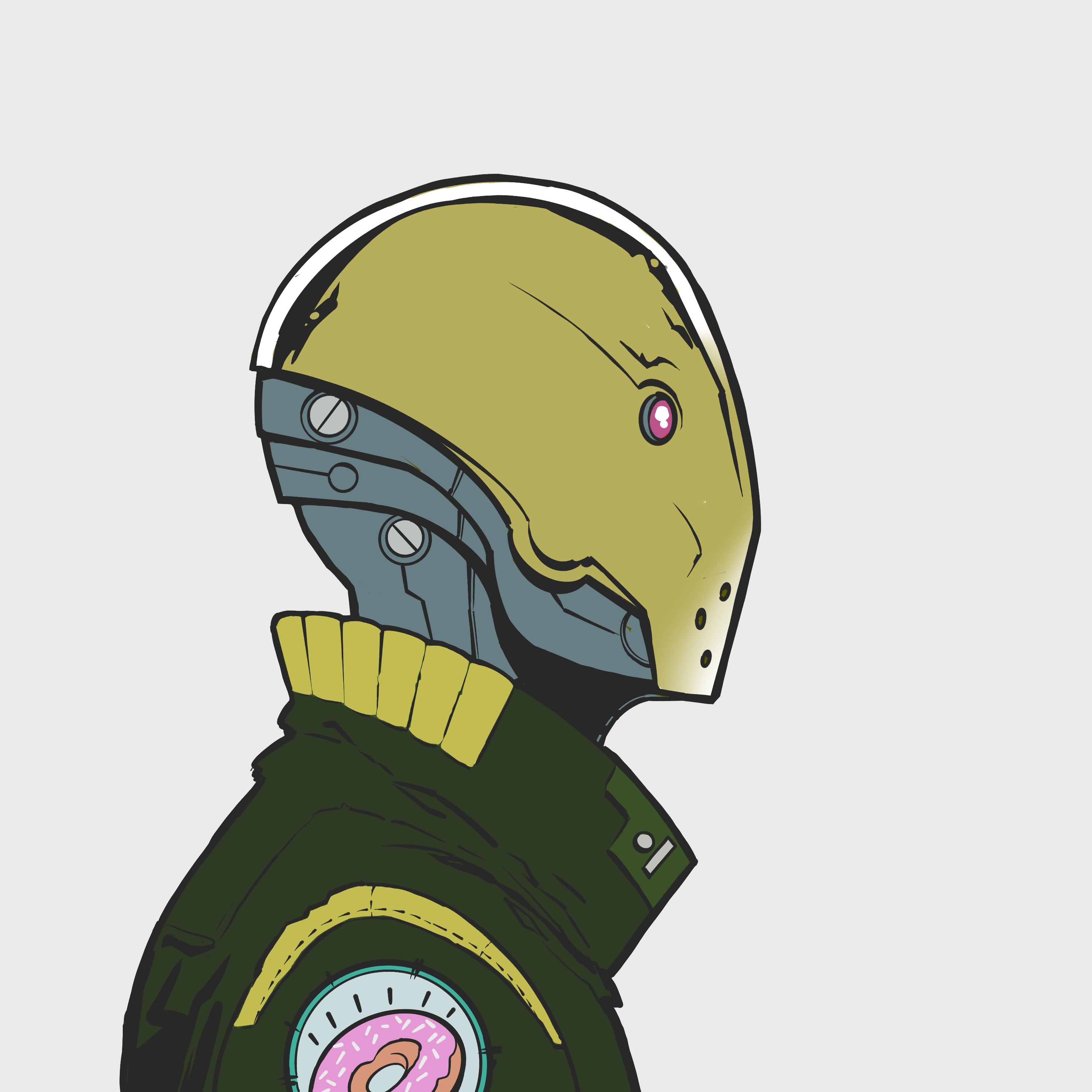 Android with gold head and jaket with doughnut patch on sleeve